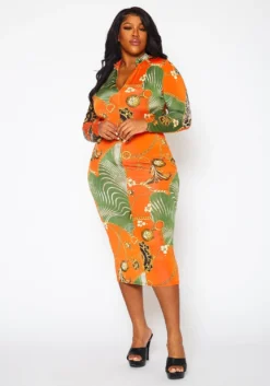 Plus Size Golden Oasis Pattern Bodycon Midi Dress -Asoph Fashion Shop 2022417 001 1