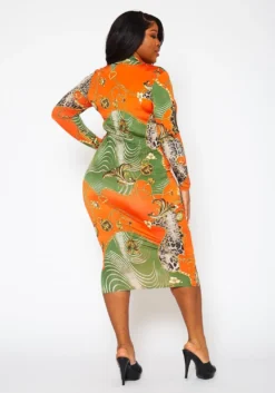Plus Size Golden Oasis Pattern Bodycon Midi Dress -Asoph Fashion Shop 2022417 001 3
