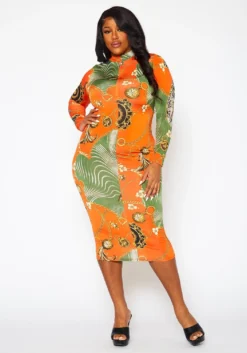 Plus Size Golden Oasis Pattern Bodycon Midi Dress