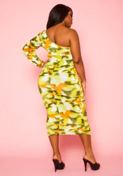 Plus Size Green Hues One Sleeve Midi Dress -Asoph Fashion Shop 2022418 001 4