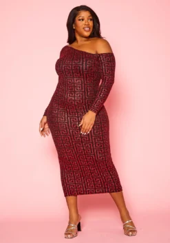 Plus Size Greek Key Pattern Cold Shoulder Midi Dress -Asoph Fashion Shop 2022419 001 1