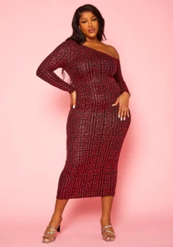 Plus Size Greek Key Pattern Cold Shoulder Midi Dress