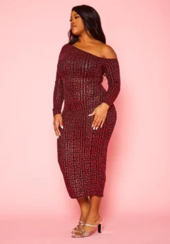 Plus Size Greek Key Pattern Cold Shoulder Midi Dress -Asoph Fashion Shop 2022419 001 3