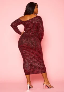 Plus Size Greek Key Pattern Cold Shoulder Midi Dress -Asoph Fashion Shop 2022419 001 4