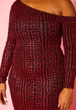 Plus Size Greek Key Pattern Cold Shoulder Midi Dress -Asoph Fashion Shop 2022419 001 5