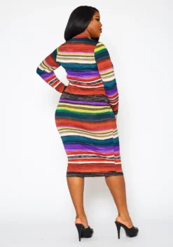 Plus Size Multi Color Pattern Long Sleeve Midi Dress -Asoph Fashion Shop 2022429 001 4