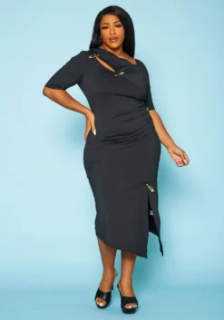 Plus Size Safety Pin Front Slit Bodycon Dress