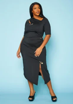 Plus Size Safety Pin Front Slit Bodycon Dress -Asoph Fashion Shop 2022438 001 2