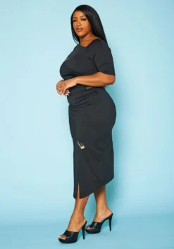 Plus Size Safety Pin Front Slit Bodycon Dress -Asoph Fashion Shop 2022438 001 3