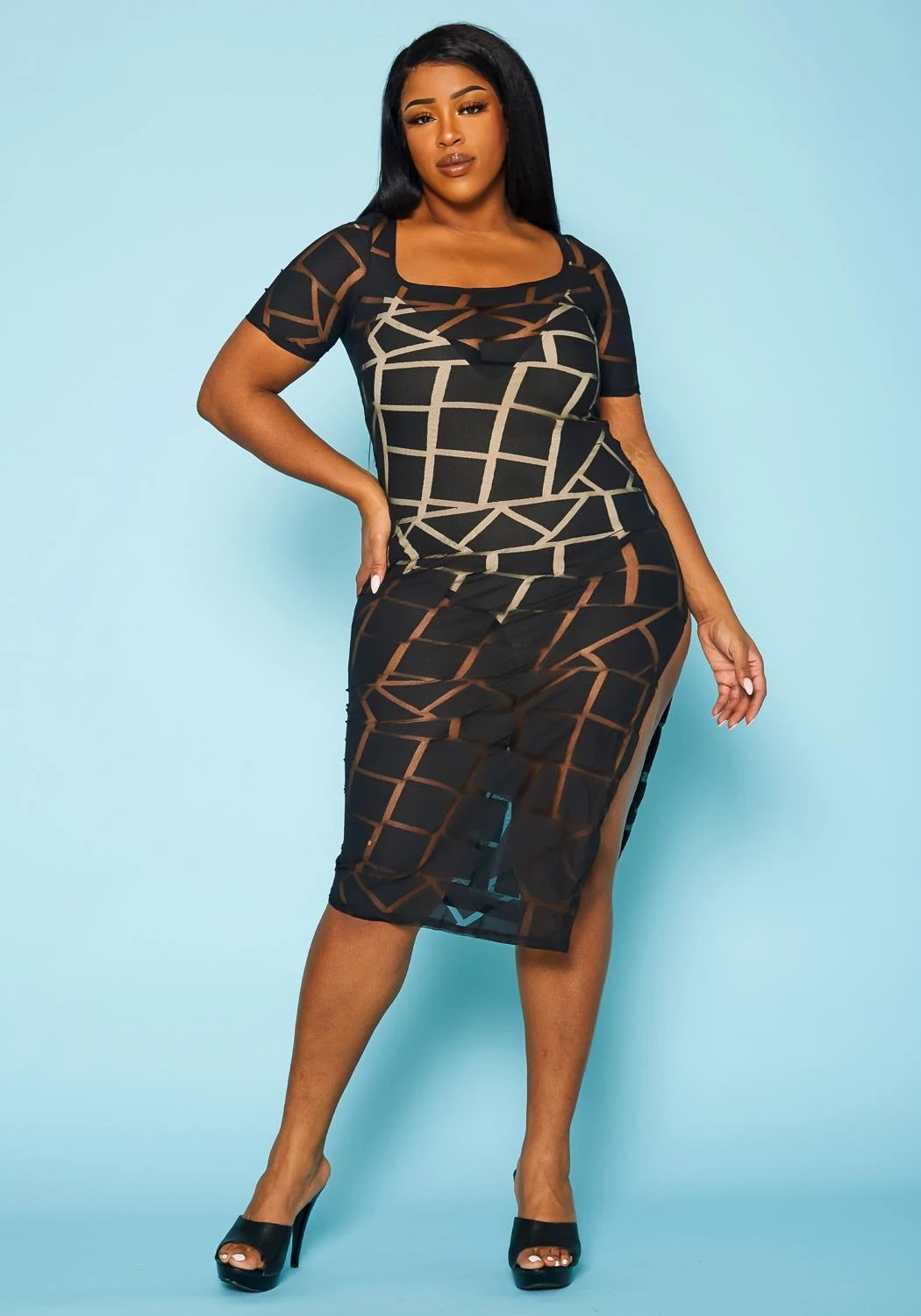 Plus Size Geometric Print Mesh Dress 2 Plus Size Geometric Print Mesh Dress - Image 2