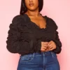Plus Size Smocked V Neck Long Sleeve Crop Top