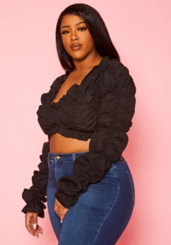 Plus Size Smocked V Neck Long Sleeve Crop Top -Asoph Fashion Shop 2022455 001 2