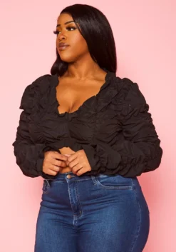 Plus Size Smocked V Neck Long Sleeve Crop Top -Asoph Fashion Shop 2022455 001 3