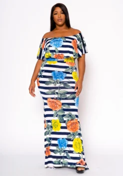 Plus Size Floral Striped Fit & Flare Maxi Dress