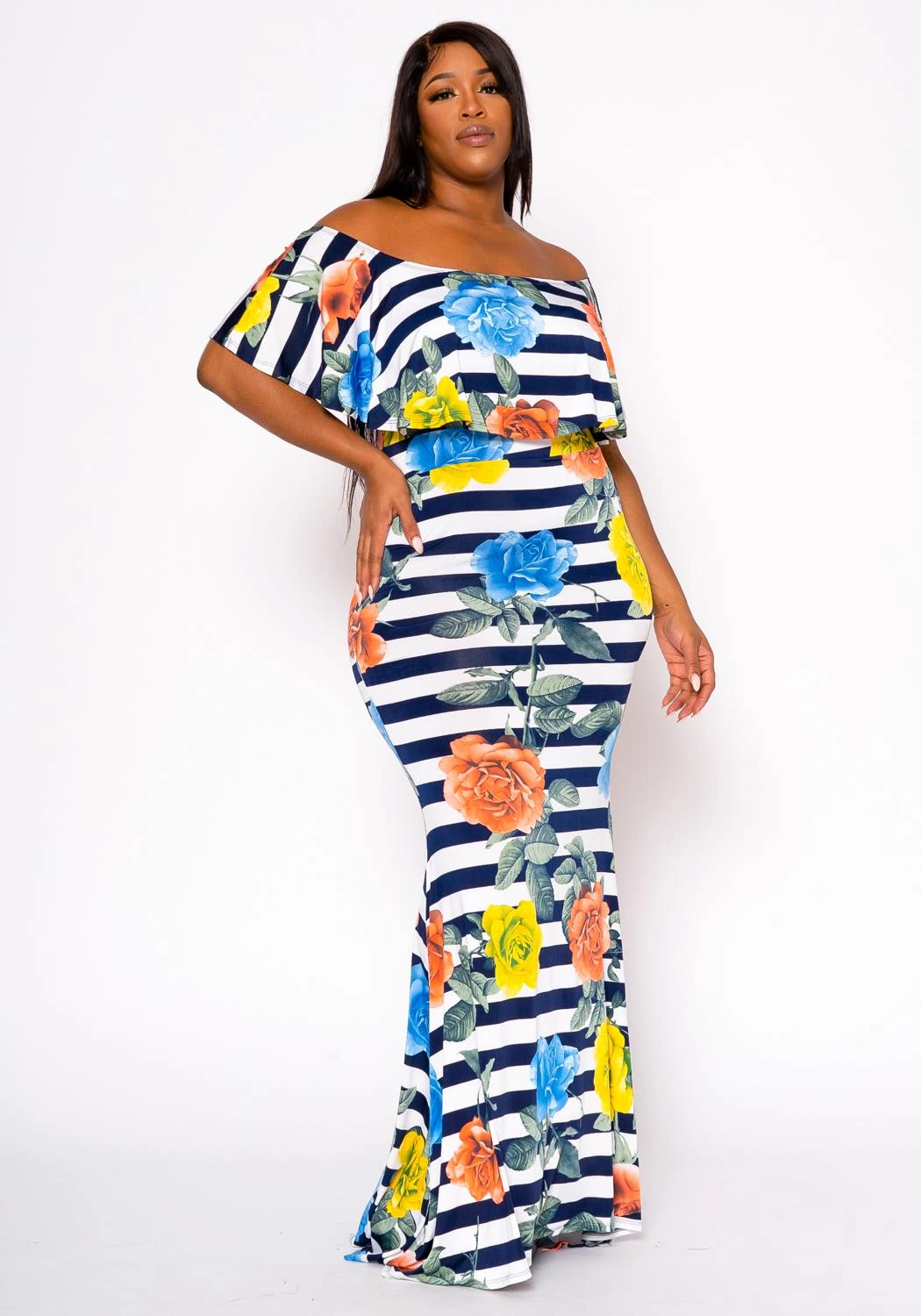 Plus Size Floral Striped Fit & Flare Maxi Dress 2 Plus Size Floral Striped Fit & Flare Maxi Dress - Image 2