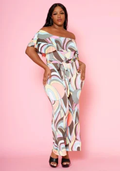 Plus Size Abstract Pattern Off Shoulder Jumpsuit -Asoph Fashion Shop 2022478 001 1