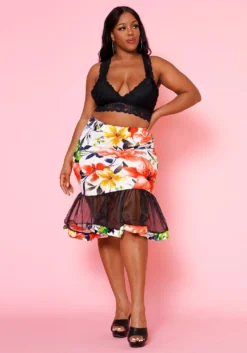 Plus Size Floral Pattern Flare Skirt