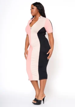 Plus Size Color Block Zip Front Bodycon Dress -Asoph Fashion Shop 2022483 001 2