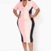 Plus Size Color Block Zip Front Bodycon Dress