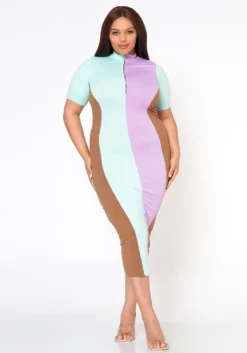 Plus Size Color Block Zip Front Bodycon Dress -Asoph Fashion Shop 2022483 002 2