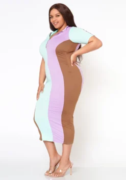 Plus Size Color Block Zip Front Bodycon Dress -Asoph Fashion Shop 2022483 002 4