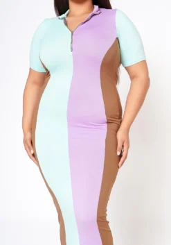 Plus Size Color Block Zip Front Bodycon Dress -Asoph Fashion Shop 2022483 002 6