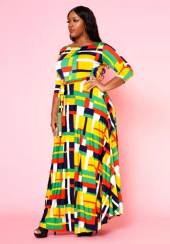 Plus Size Geometric Pattern Fit & Flare Maxi Dress -Asoph Fashion Shop 2022501 001 2