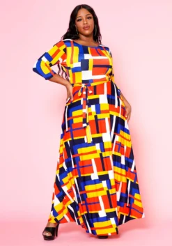 Plus Size Geometric Pattern Fit & Flare Maxi Dress