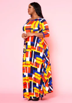 Plus Size Geometric Pattern Fit & Flare Maxi Dress -Asoph Fashion Shop 2022501 002 2