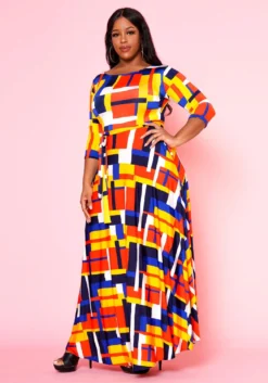 Plus Size Geometric Pattern Fit & Flare Maxi Dress -Asoph Fashion Shop 2022501 002 3