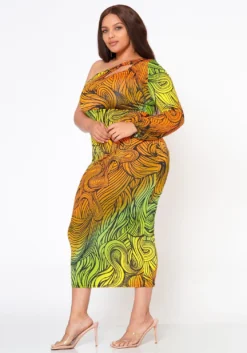 Plus Size Multi Abstract Pattern One Sleeve Midi Dress -Asoph Fashion Shop 2022514 002 3