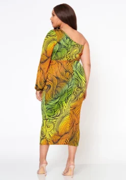 Plus Size Multi Abstract Pattern One Sleeve Midi Dress -Asoph Fashion Shop 2022514 002 4