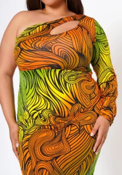 Plus Size Multi Abstract Pattern One Sleeve Midi Dress -Asoph Fashion Shop 2022514 002 5