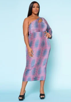 Plus Size Multi Dotted Print One Sleeve Midi Dress