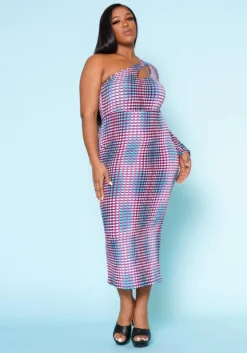 Plus Size Multi Dotted Print One Sleeve Midi Dress -Asoph Fashion Shop 2022515 001 2