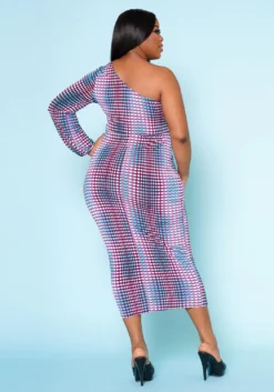 Plus Size Multi Dotted Print One Sleeve Midi Dress -Asoph Fashion Shop 2022515 001 4