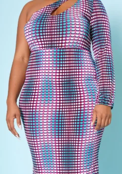 Plus Size Multi Dotted Print One Sleeve Midi Dress -Asoph Fashion Shop 2022515 001 5