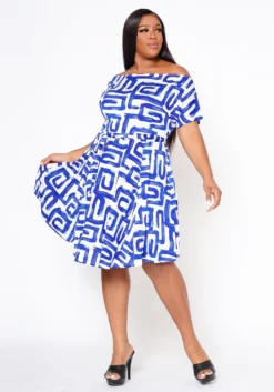Plus Size Abstract Print Off Shoulder Flare Dress