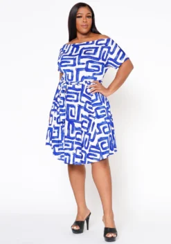 Plus Size Abstract Print Off Shoulder Flare Dress -Asoph Fashion Shop 2022519 001 3