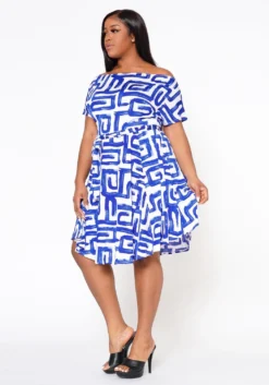 Plus Size Abstract Print Off Shoulder Flare Dress -Asoph Fashion Shop 2022519 001 4