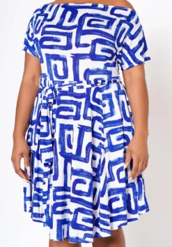 Plus Size Abstract Print Off Shoulder Flare Dress -Asoph Fashion Shop 2022519 001 6