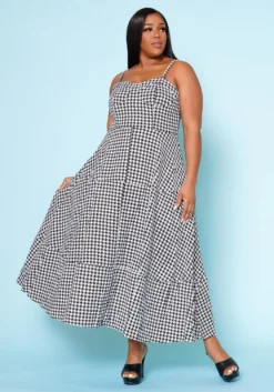 Plus Size Houndstooth Print Maxi Dress