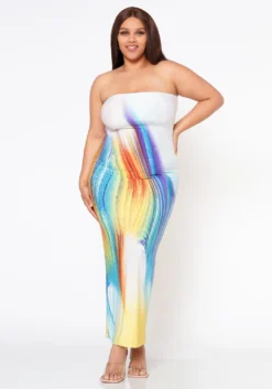 Plus Size Sunset Views Multi Print Tube Maxi Dress