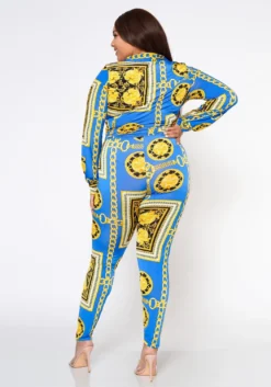 Plus Size Golden Brocade Print Collar Top & Leggings Set -Asoph Fashion Shop 2022541 001 3