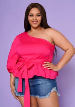 Plus Size Asymmetric One Sleeve Peplum Blouse -Asoph Fashion Shop 2022554 001 1
