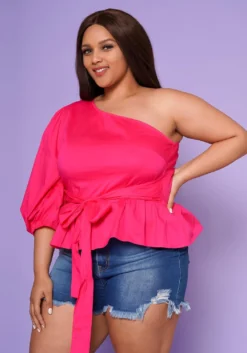 Plus Size Asymmetric One Sleeve Peplum Blouse -Asoph Fashion Shop 2022554 001 3