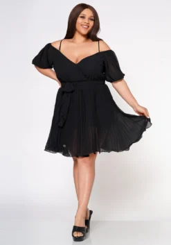 Plus Size Off Shoulder Pleated Flare Dress
