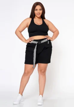 Plus Size Checkered Belt Utility Cargo Shorts