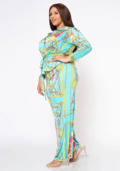 Plus Size Brocade Print Collar Top & Flare Pants Set -Asoph Fashion Shop 2022562 001 2