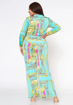 Plus Size Brocade Print Collar Top & Flare Pants Set -Asoph Fashion Shop 2022562 001 3